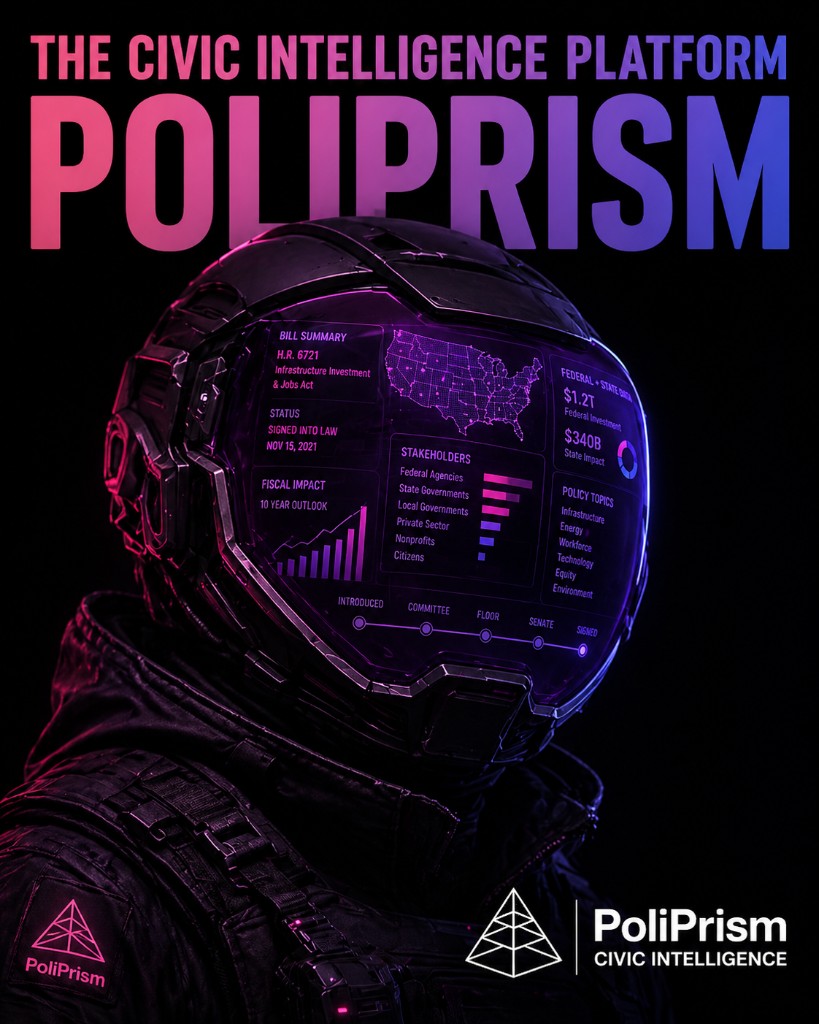 PoliPrism — futuristic civic intelligence imagery with HUD-style bill analysis and legislative data visualization.